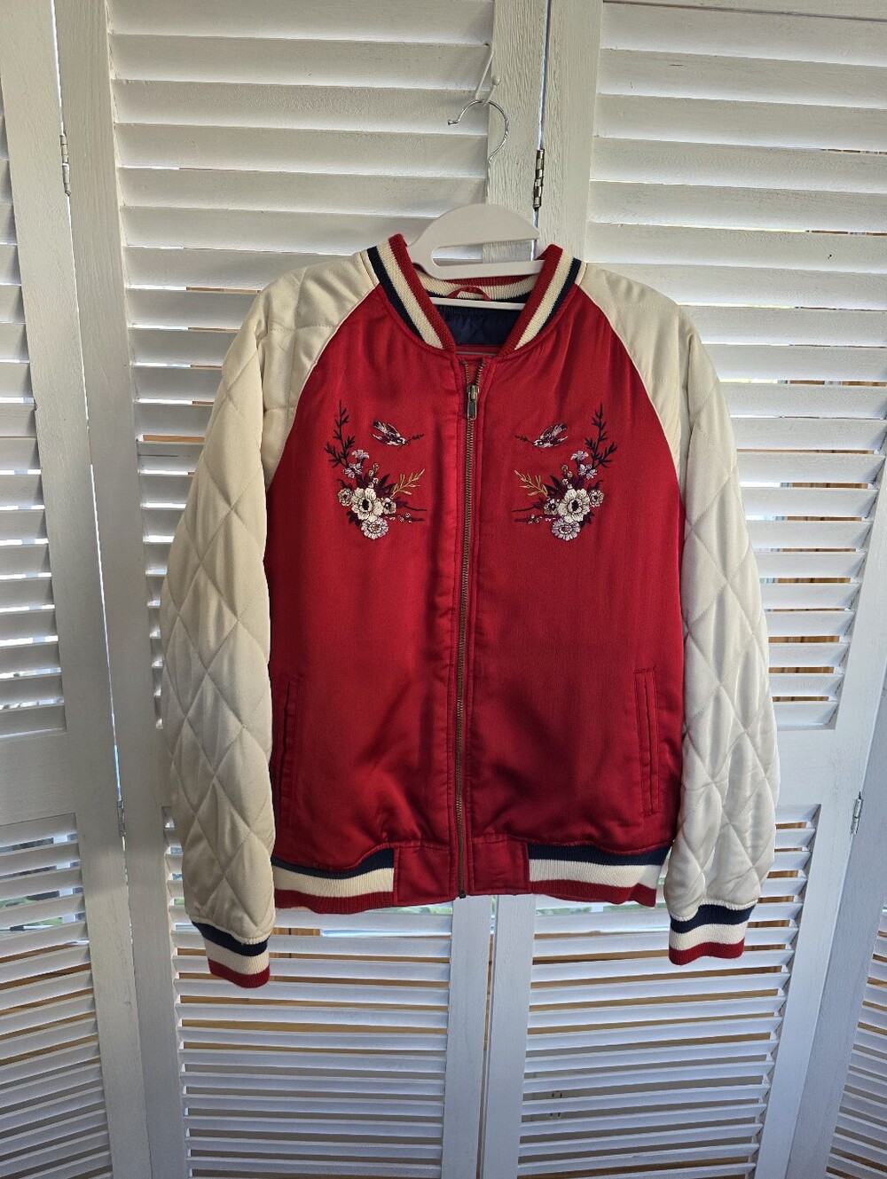 American Eagle Women's Red Bomber Jacket with Floral Embroidery Size XL